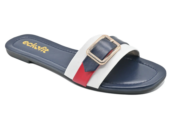 Casual flat slipper for ladies in blue with a red stripe, showcasing the stylish design and comfortable