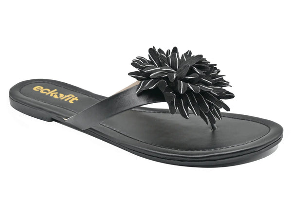 Black flat ladies slipper with flower design on toes
