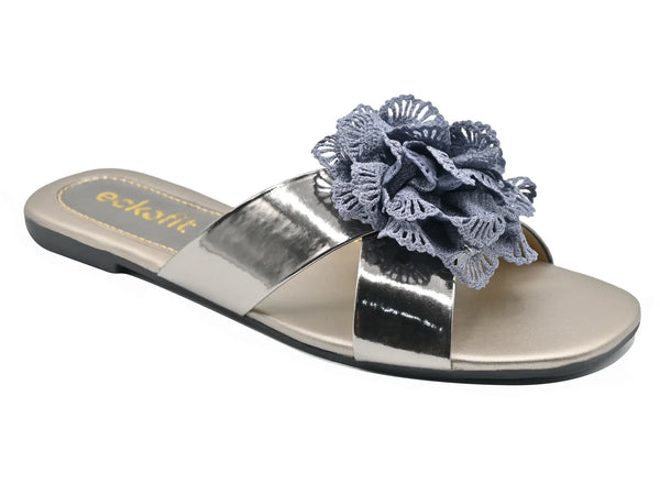 Flat Formal Ladies Slipper silver shine surface flower on top