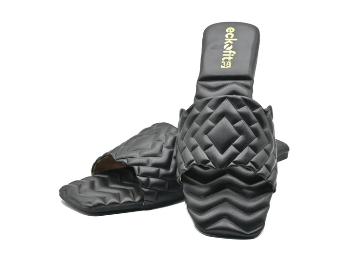 Flat Ladies Slipper Black wavy design soft material crossover pair view