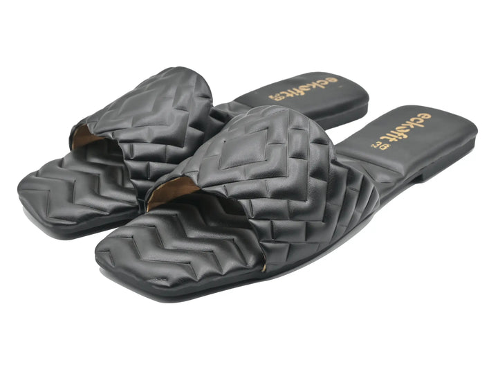 Flat Ladies Slipper Black wavy design soft material double pair view