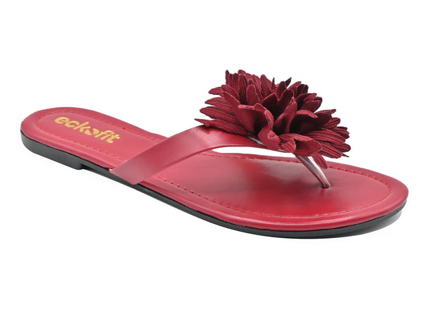 Flat Ladies Slipper Red Flower Toes - Front View with Red Floral Design